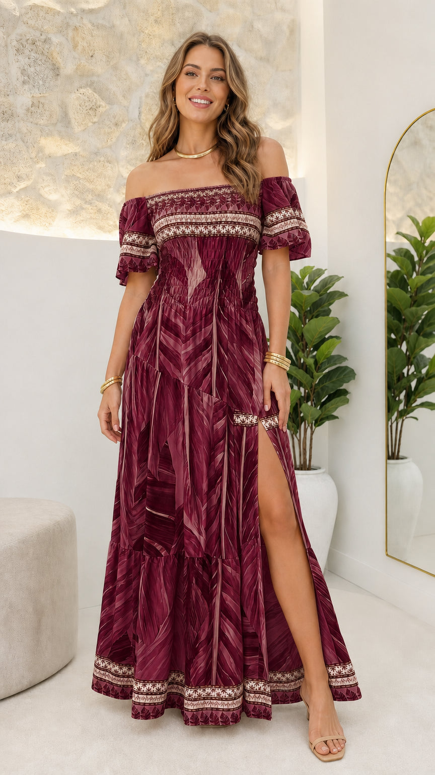 Front view of woman wearing burgundy boho maxi dress