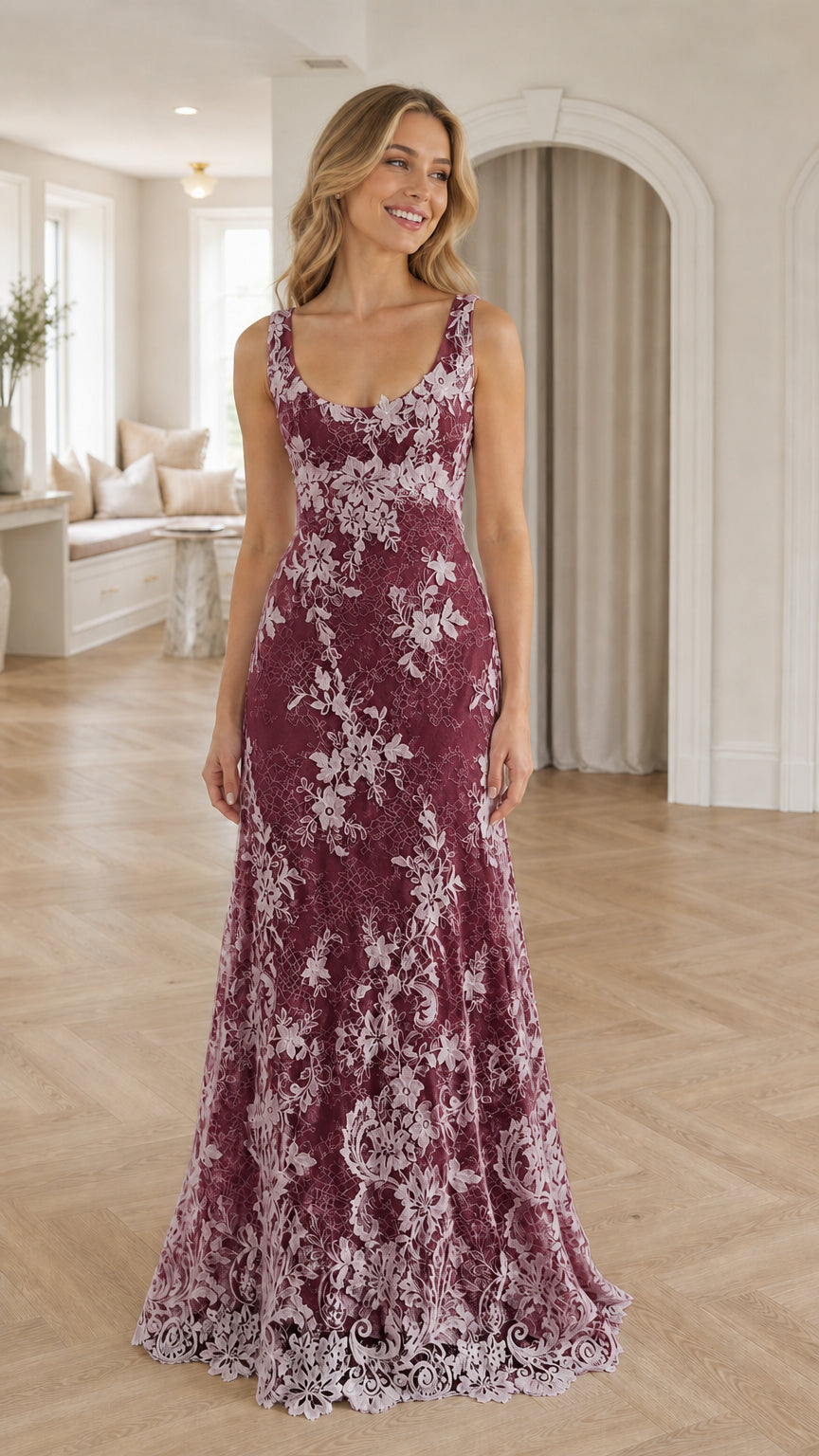 Front view of model wearing burgundy floral lace formal long dress