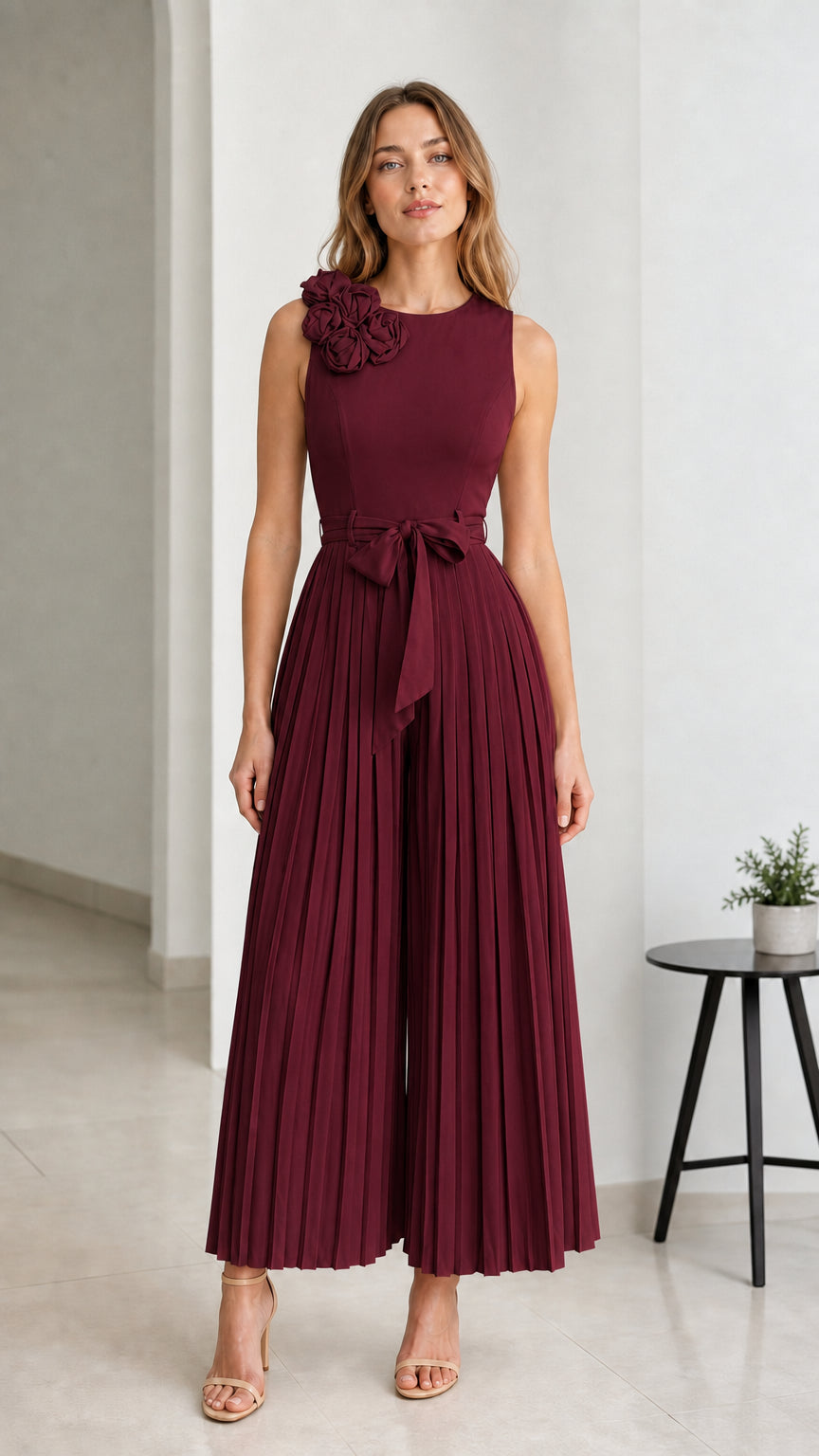Front view of Burgundy pleated wide-leg jumpsuit