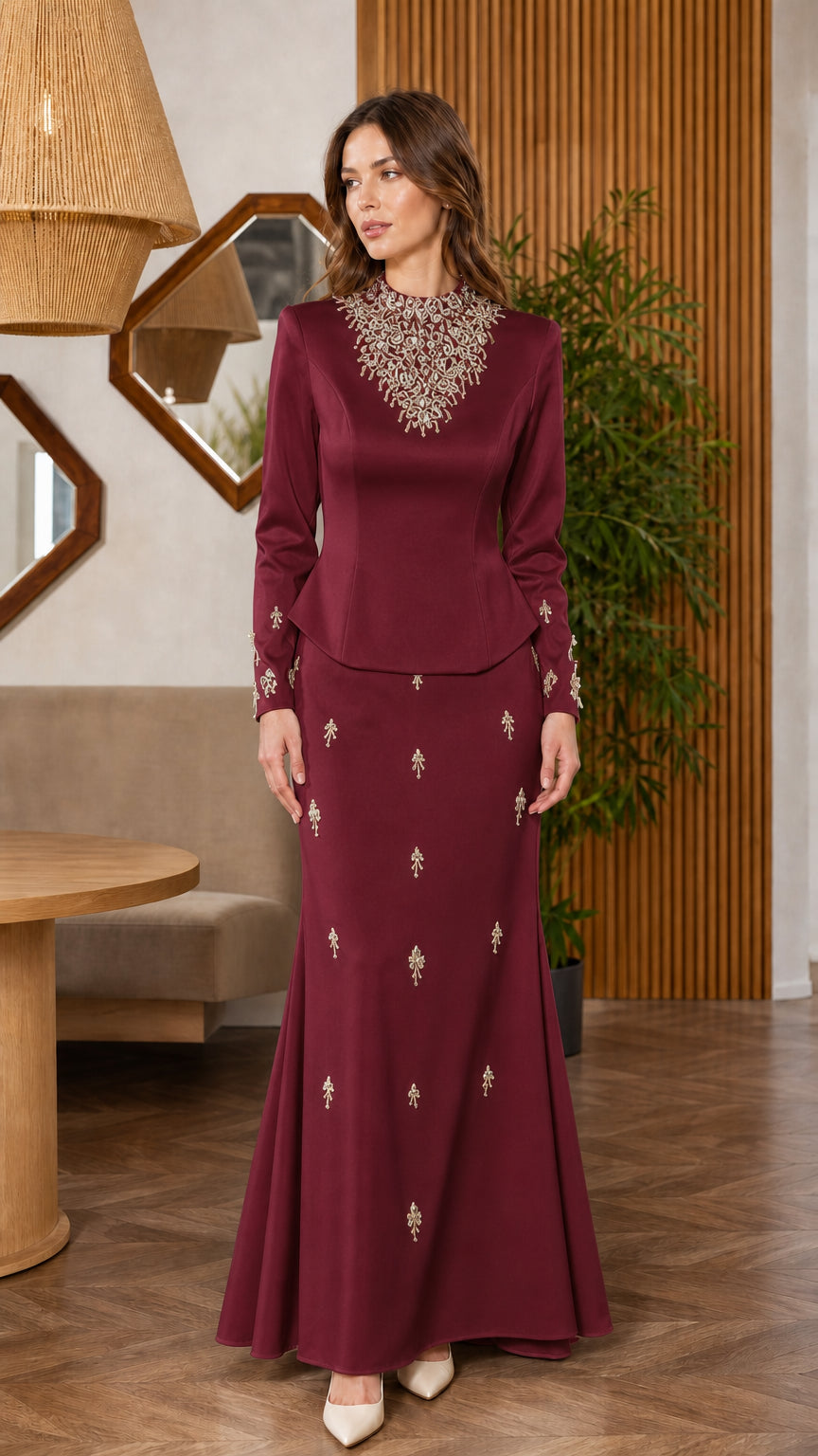 Burgundy long sleeve pearl embellished two-piece evening dress set