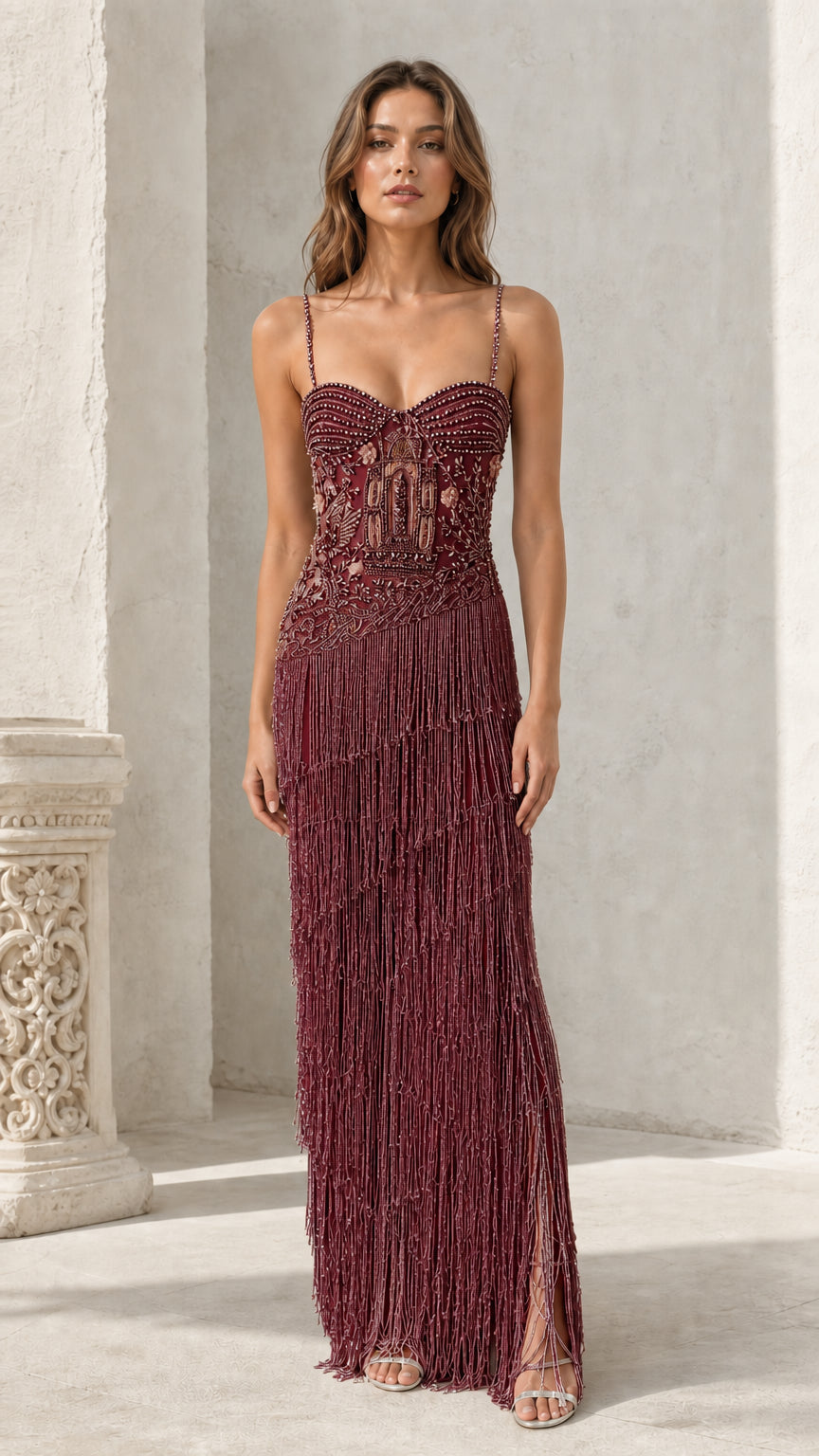 Front view of burgundy beaded fringe maxi dress
