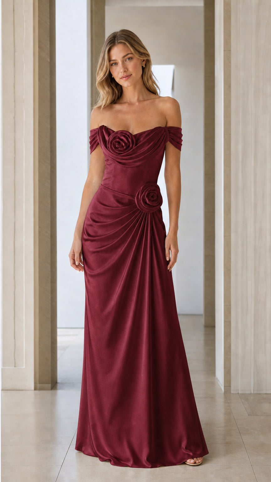 Front view of burgundy off-shoulder ruched satin maxi dress