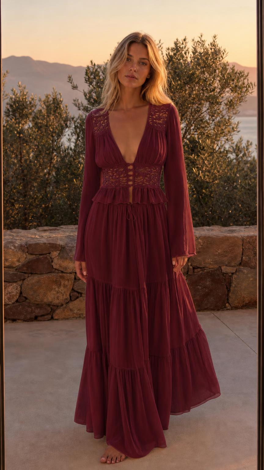 Front view of Burgundy boho lace trim long sleeve maxi dress