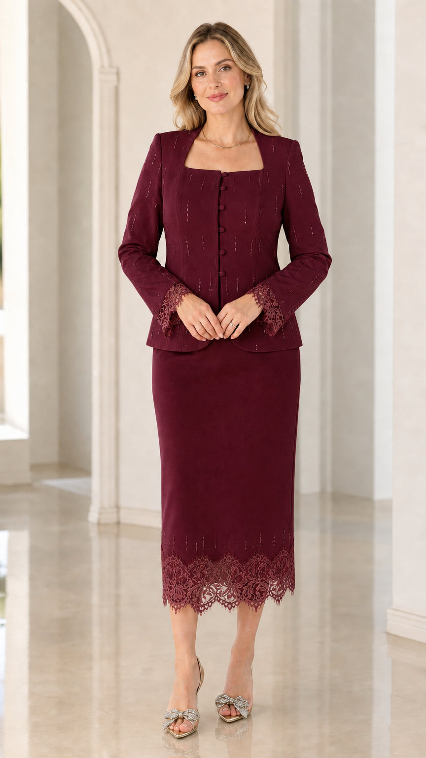 Front view of women's burgundy formal two-piece lace trim skirt suit