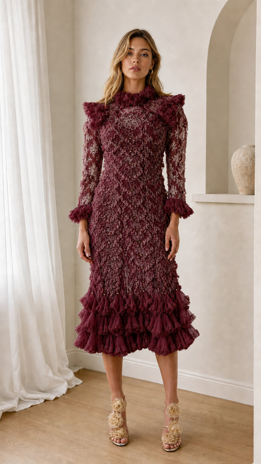 Front view of burgundy ruffled lace midi dress