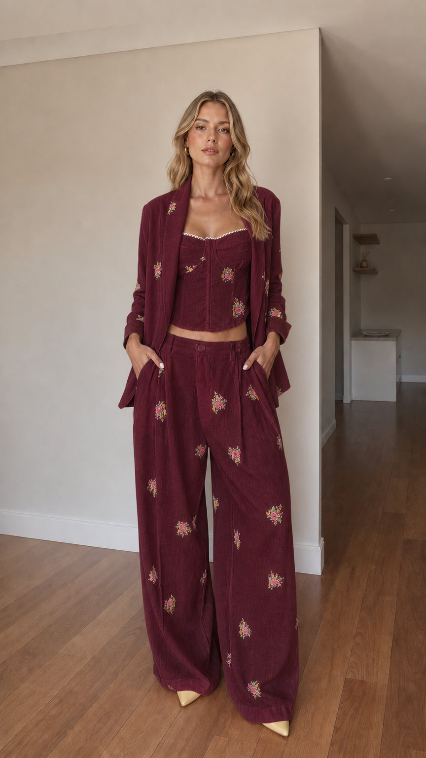 Burgundy floral embroidered 3-piece suit set with sweetheart top and relaxed pants