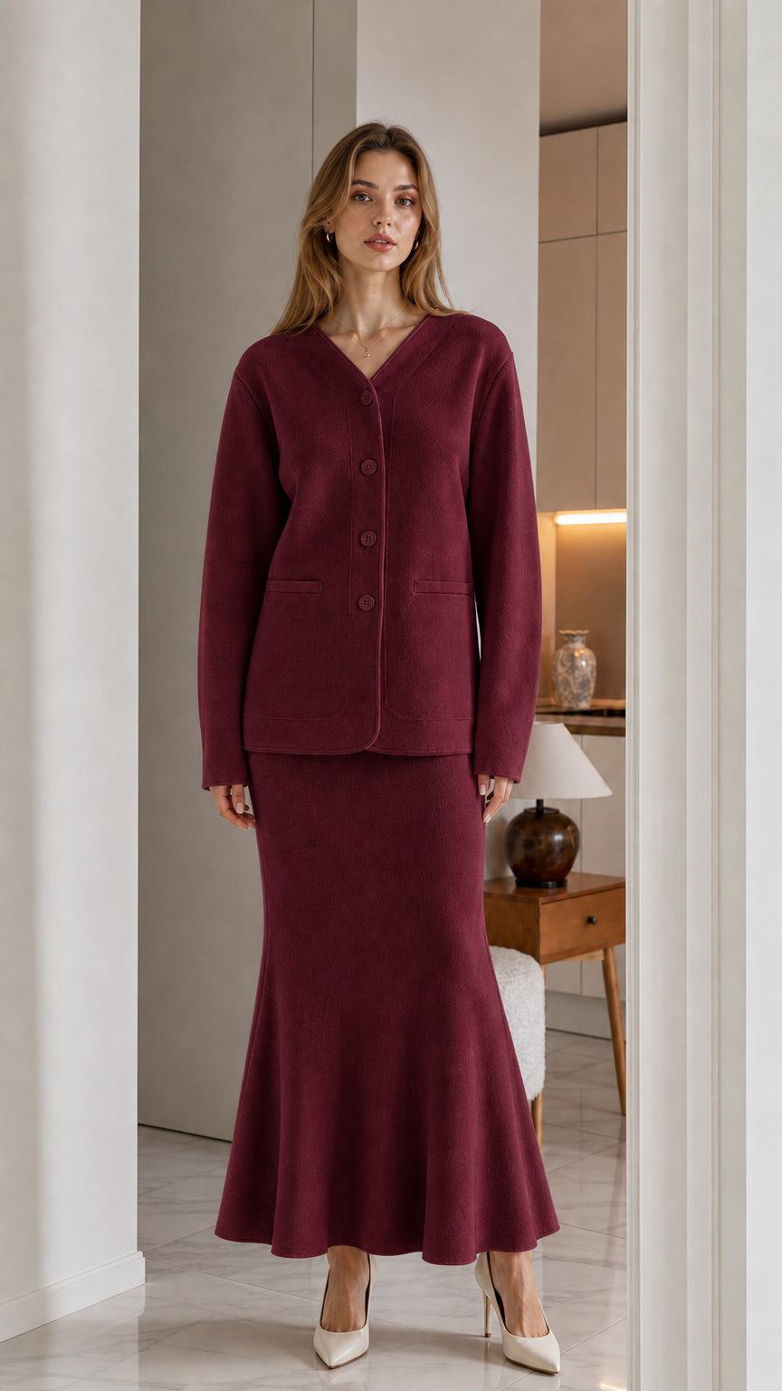 Full front view of model wearing burgundy wine V-neck cardigan and matching fluted skirt set