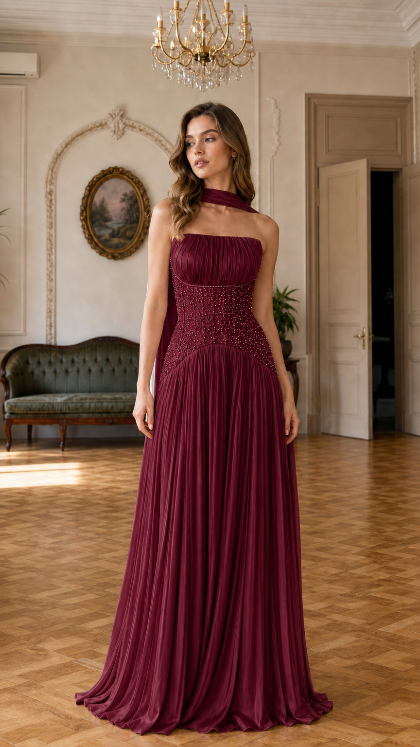 Burgundy wine red pleated evening gown with pearl beaded corset waist