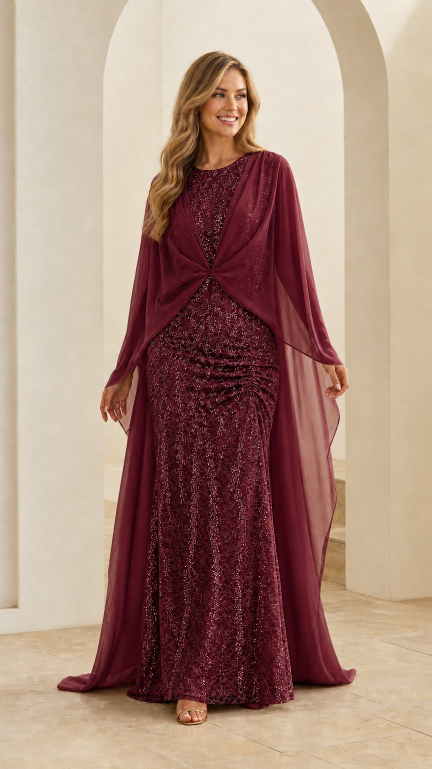 Model wearing rich burgundy wine sequined maxi formal dress with chiffon cape overlay