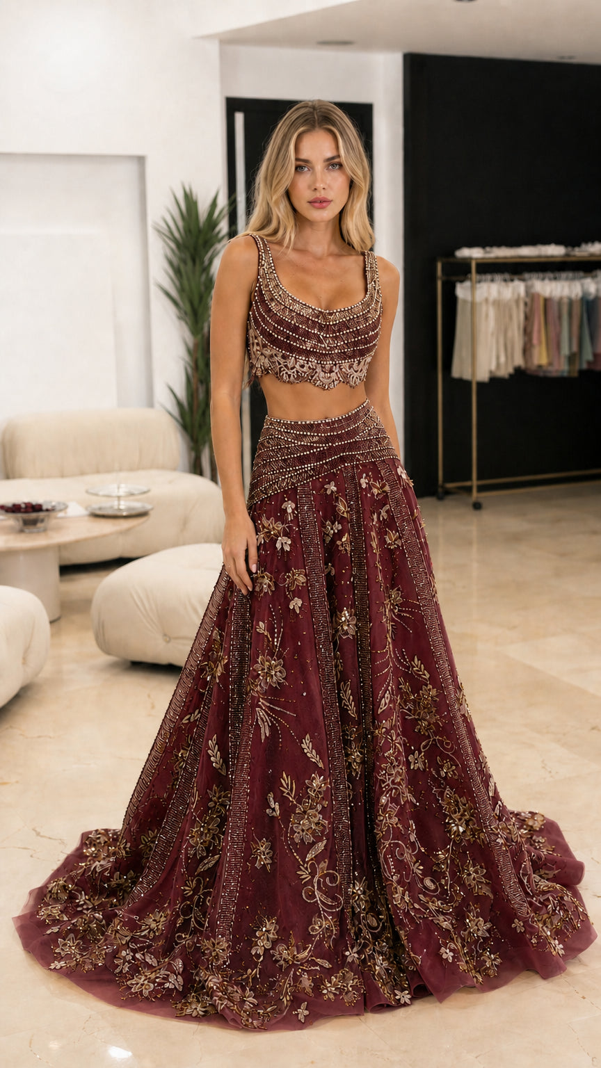 Front view of burgundy two-piece embellished gown set