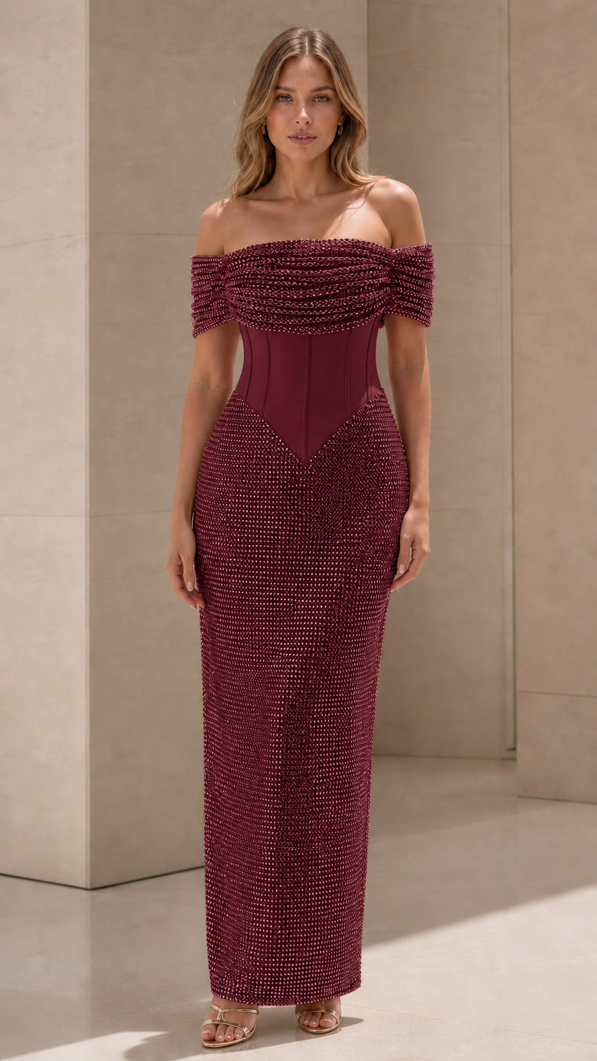 Front view of burgundy glitter off-shoulder corset maxi dress