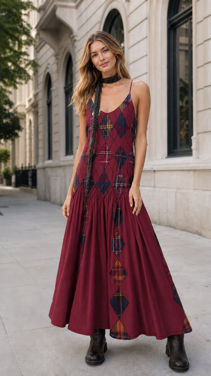 Burgundy wine argyle drop-waist maxi cami dress front view on model