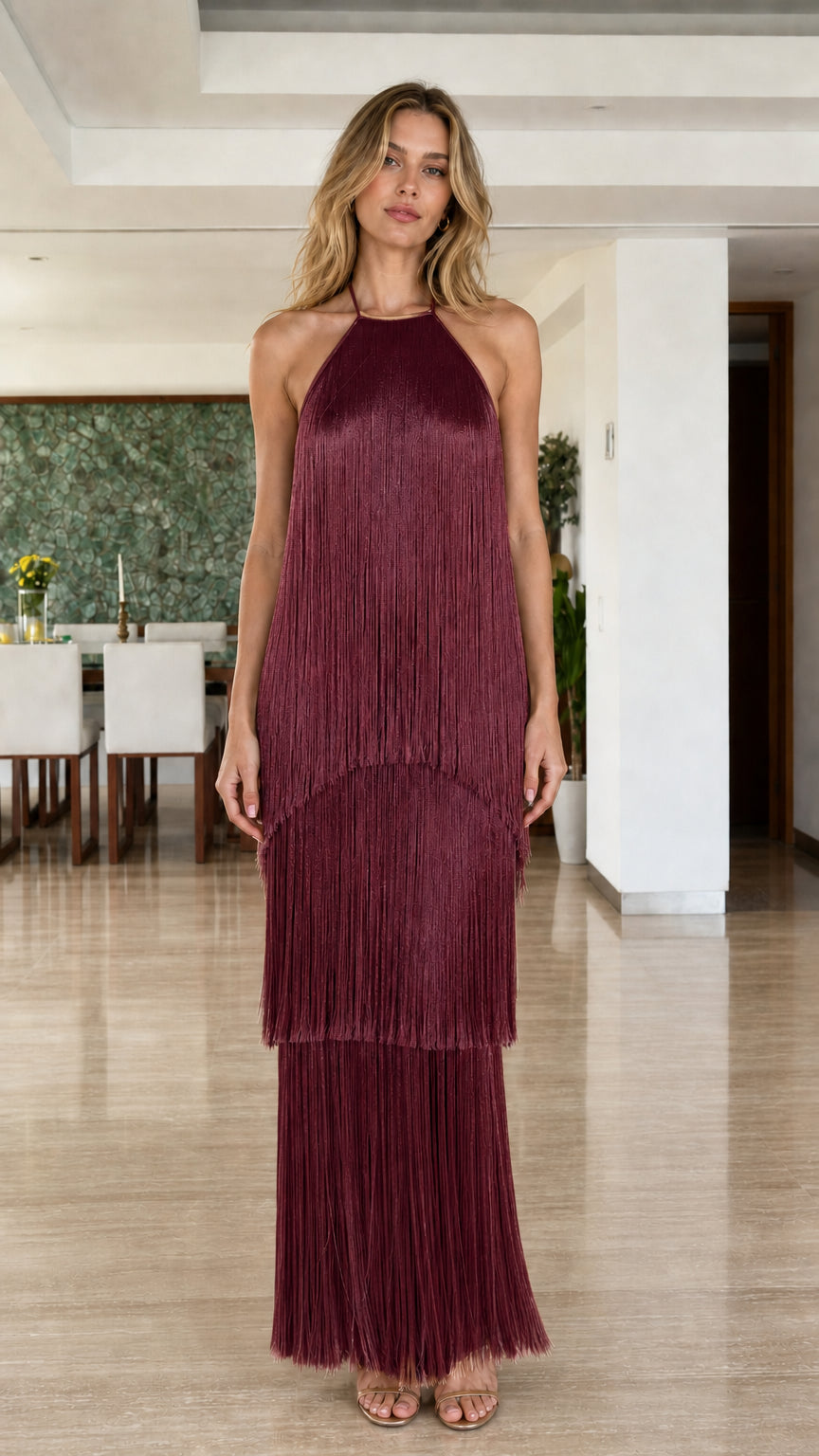 Model wearing Burgundy Tiered Fringe Halter Maxi Dress