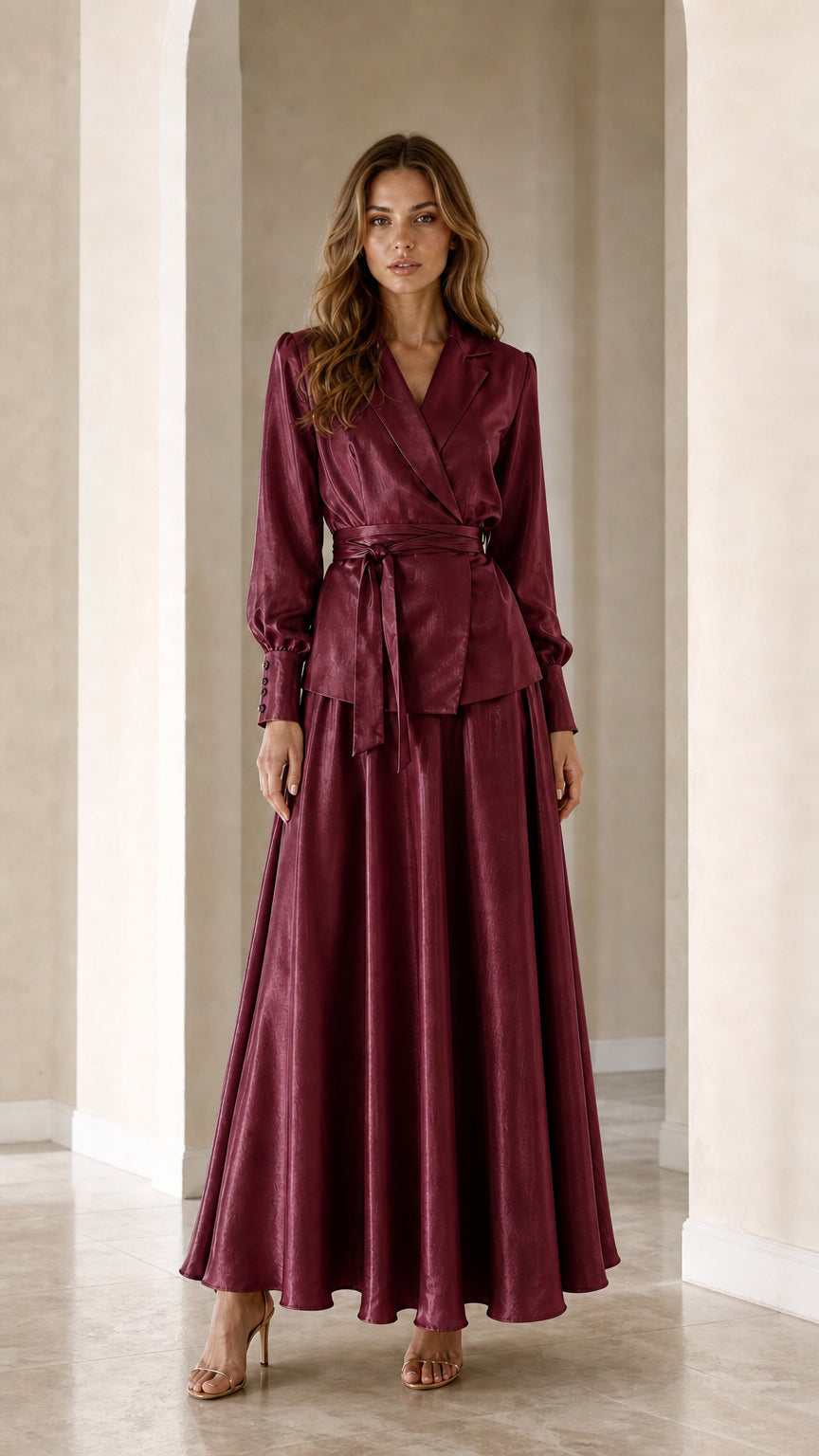Front full view of woman wearing Burgundy wine red satin wrap blazer and maxi skirt two-piece set