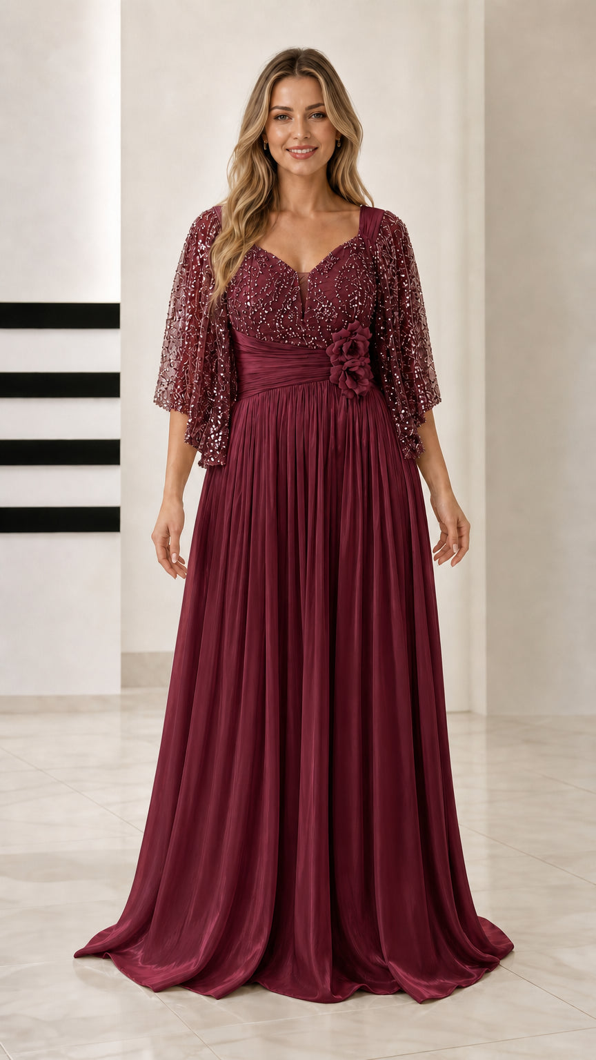 Front view of burgundy wine sequin flutter sleeve pleated evening formal dress