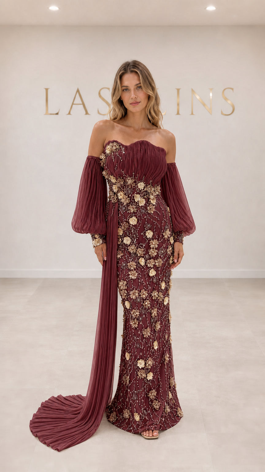Burgundy wine off-the-shoulder floral embellished evening gown with pleated train