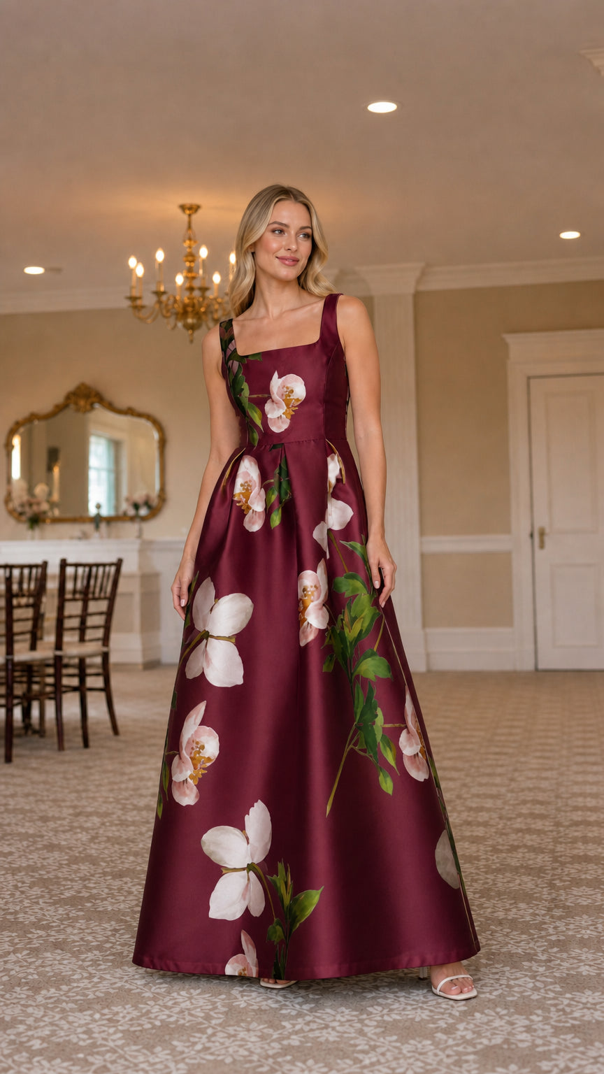 Burgundy floral satin-look maxi dress shown from the front