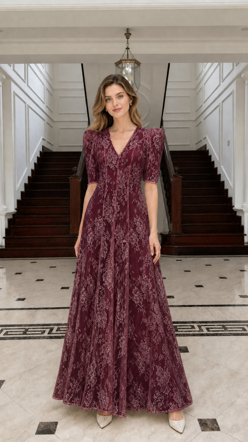Front view of Burgundy lace maxi dress on model