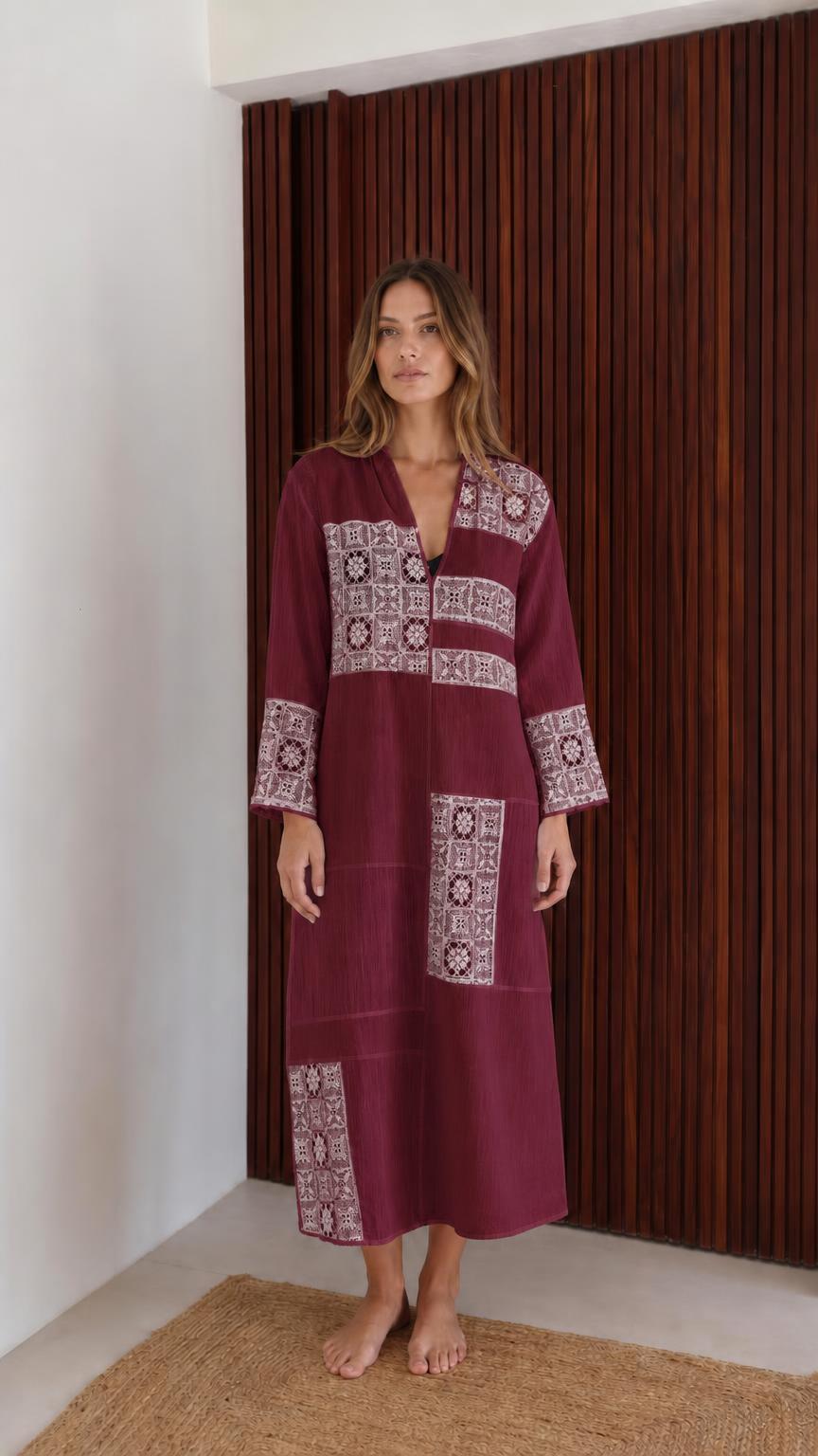 Model wearing burgundy boho patchwork lace long sleeve maxi dress