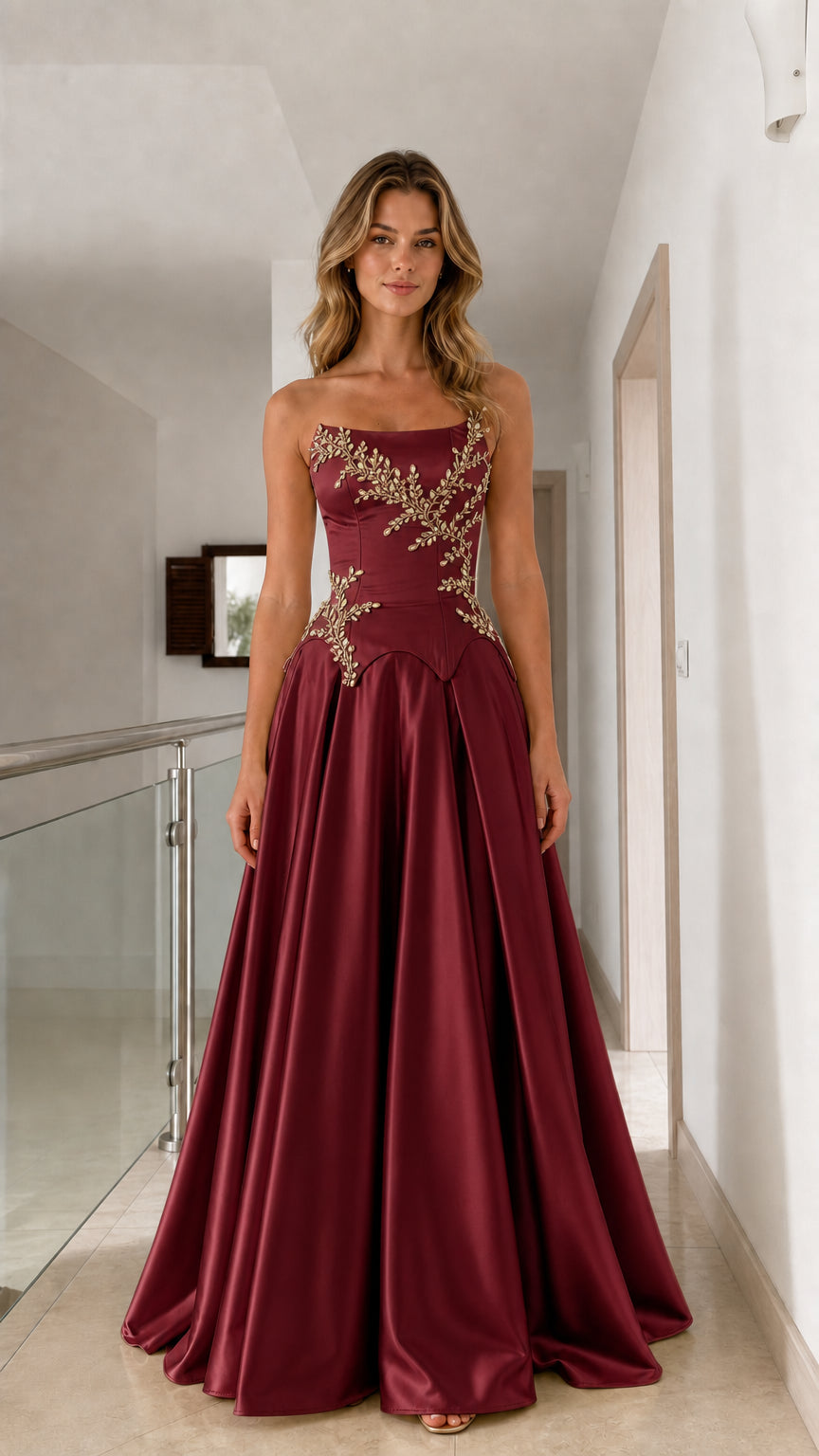 Burgundy wine red strapless satin ball gown with beaded basque waist