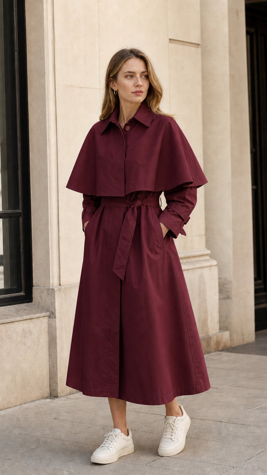 Front view of model wearing burgundy wine capelet belted midi trench coat