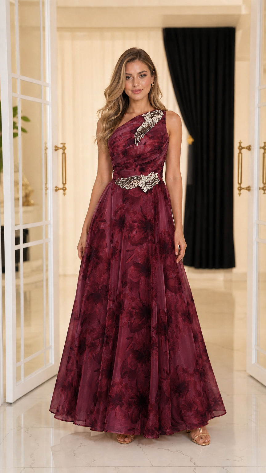 Front view of model in burgundy floral evening gown