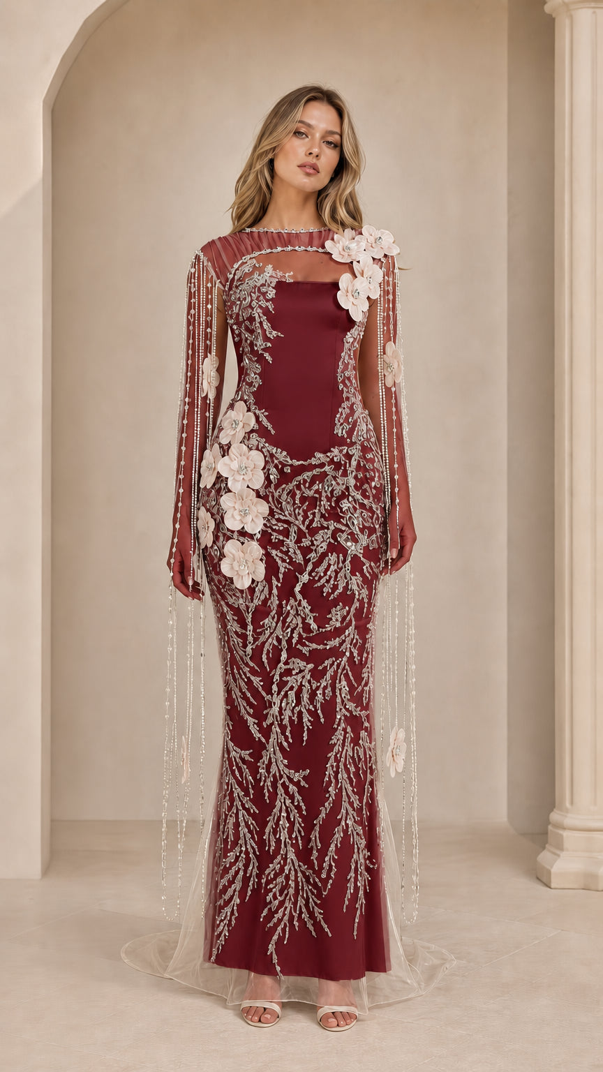 Burgundy red formal gala dress with beaded cape and floral embellishments
