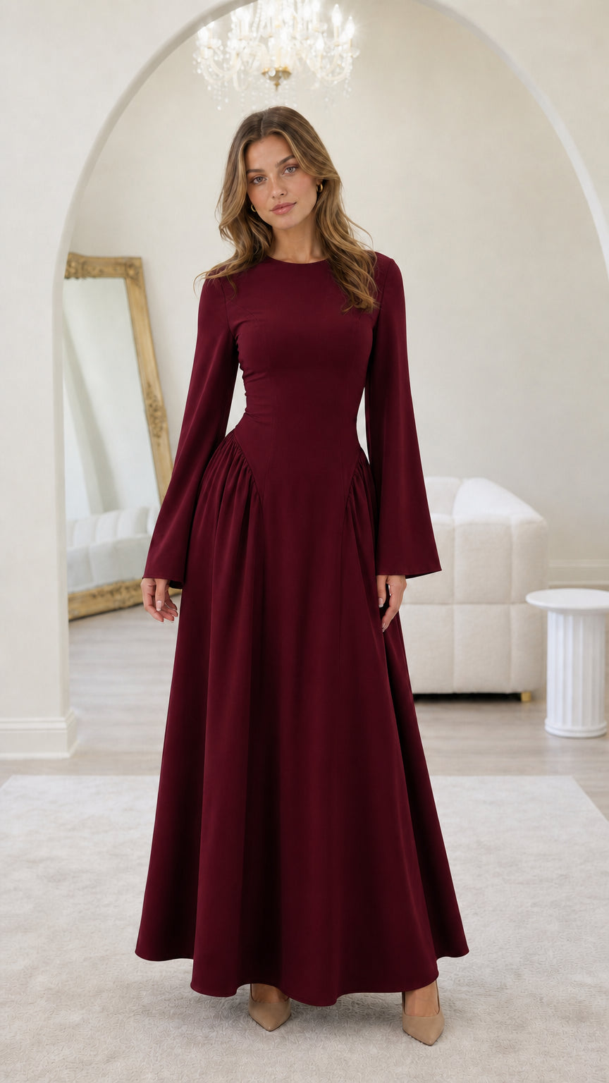 Front view of model wearing burgundy long-sleeve maxi dress