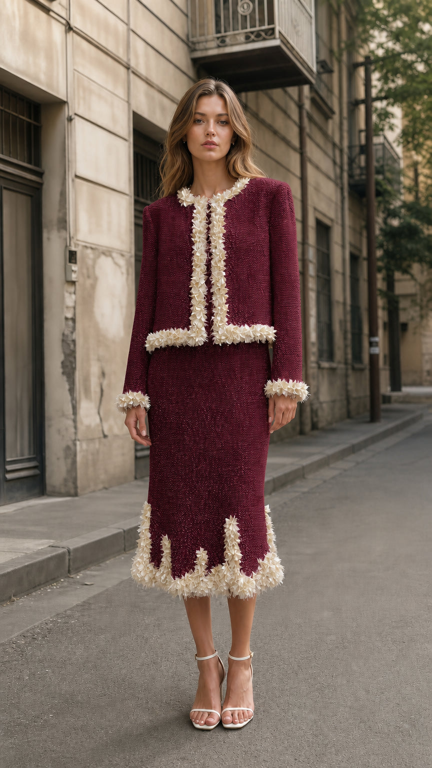 Front view of burgundy tweed crop jacket and midi skirt set