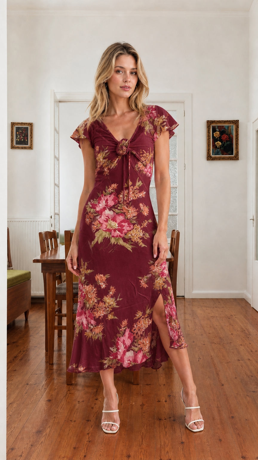 Model wearing burgundy wine floral flutter sleeve midi dress