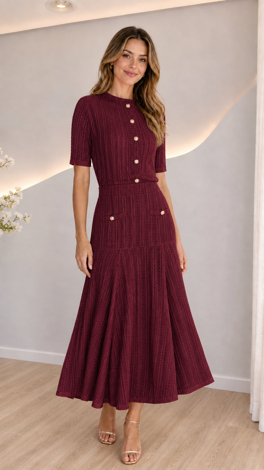 Model wearing burgundy wine textured knit top and midi skirt matching set