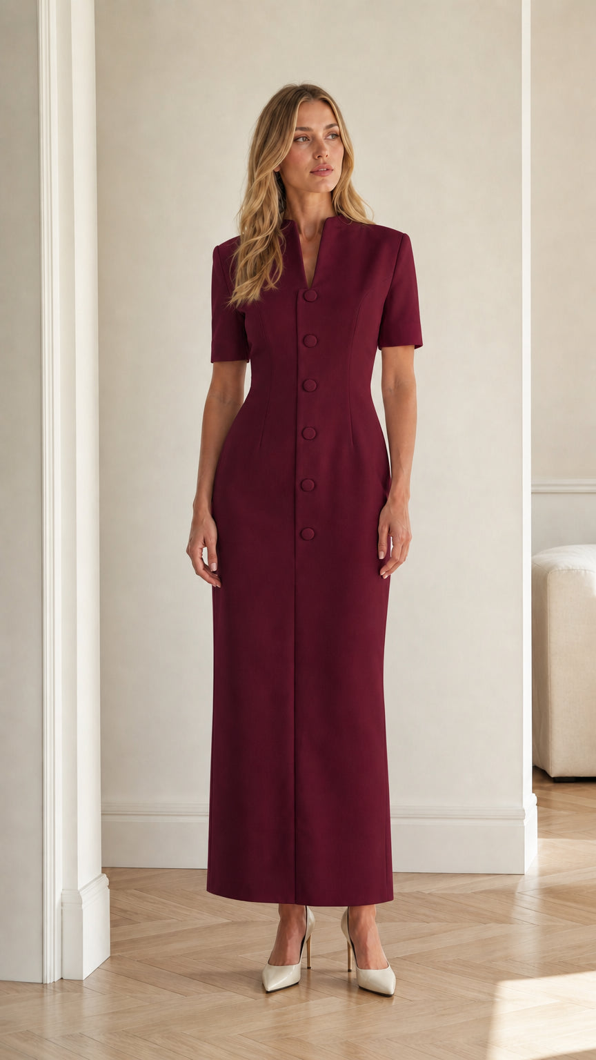 Front full view of burgundy short sleeve stand collar column maxi dress