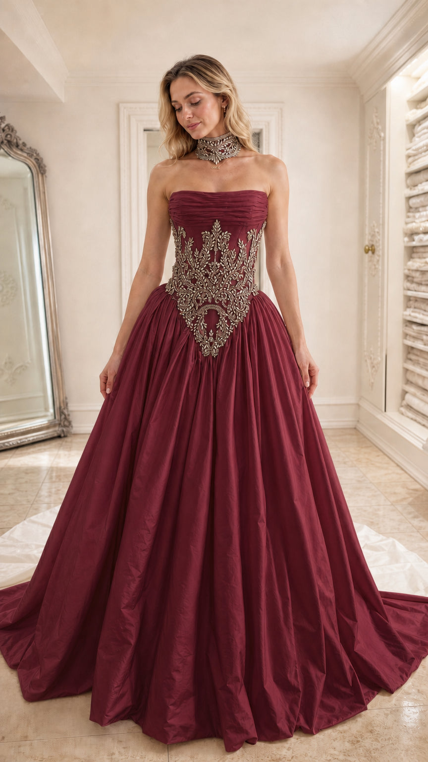 Front view of burgundy red strapless corset ball gown