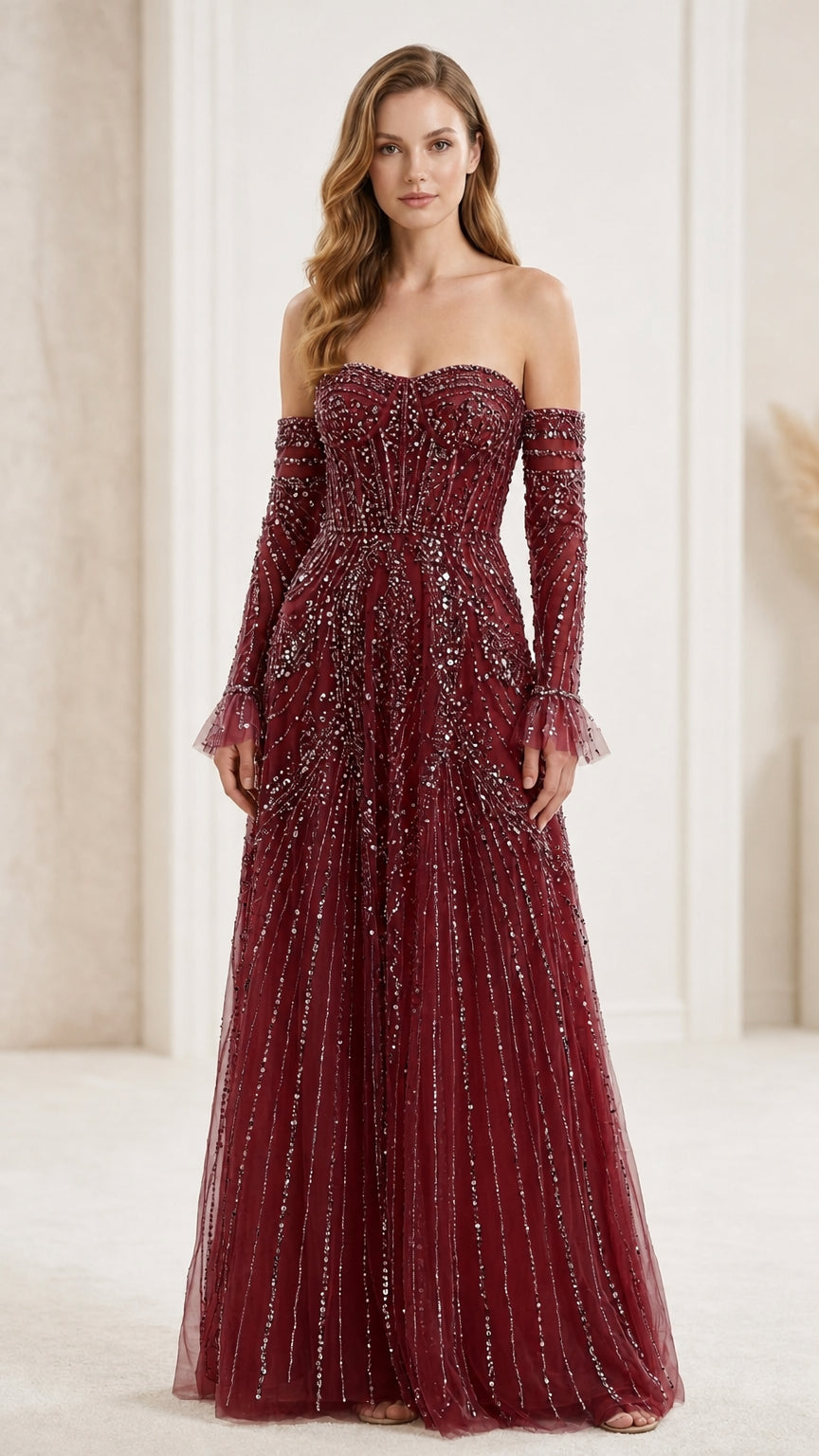 Front view of burgundy evening gown variant