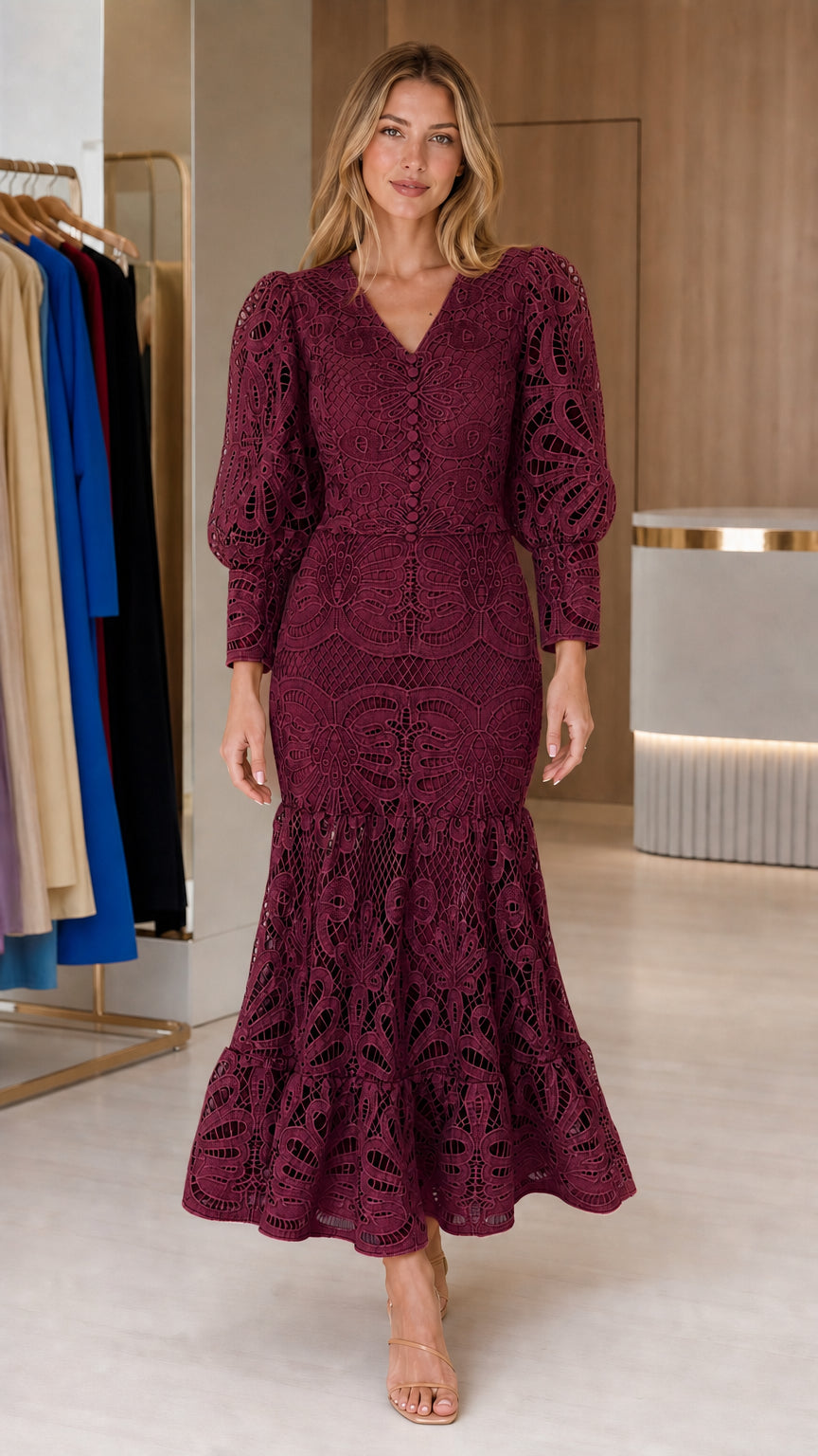 Front view of model wearing burgundy crochet lace midi dress