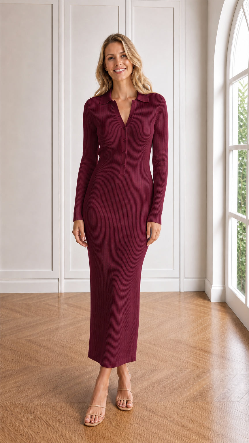 Full front view of model wearing the burgundy ribbed knit polo maxi dress