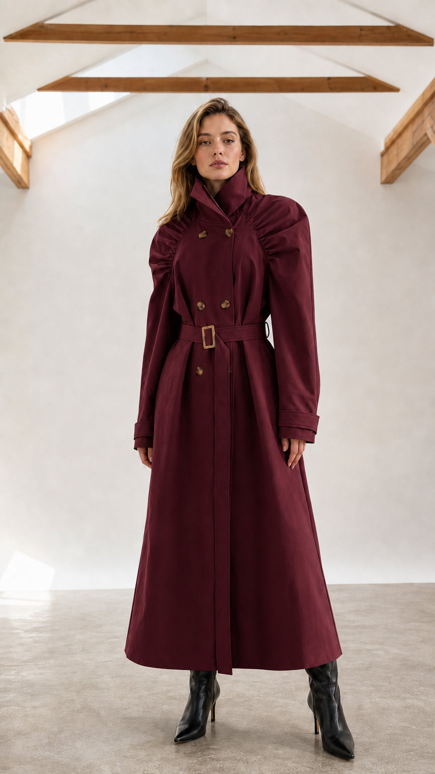 Front full-length view of woman wearing burgundy wine red ruched shoulder maxi trench coat