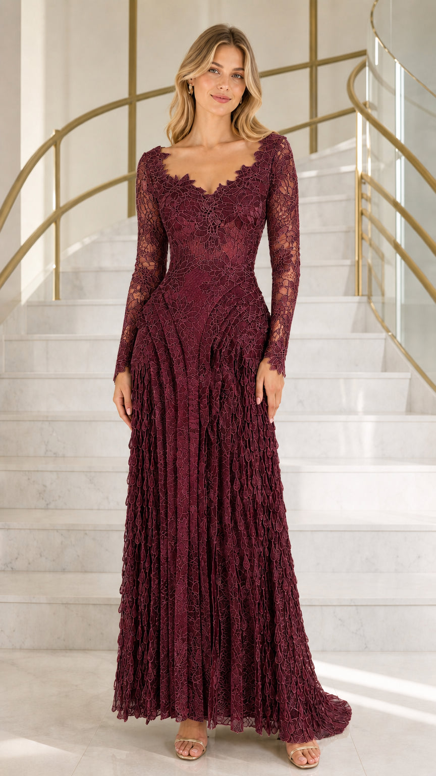 Front view of burgundy long-sleeve lace evening dress