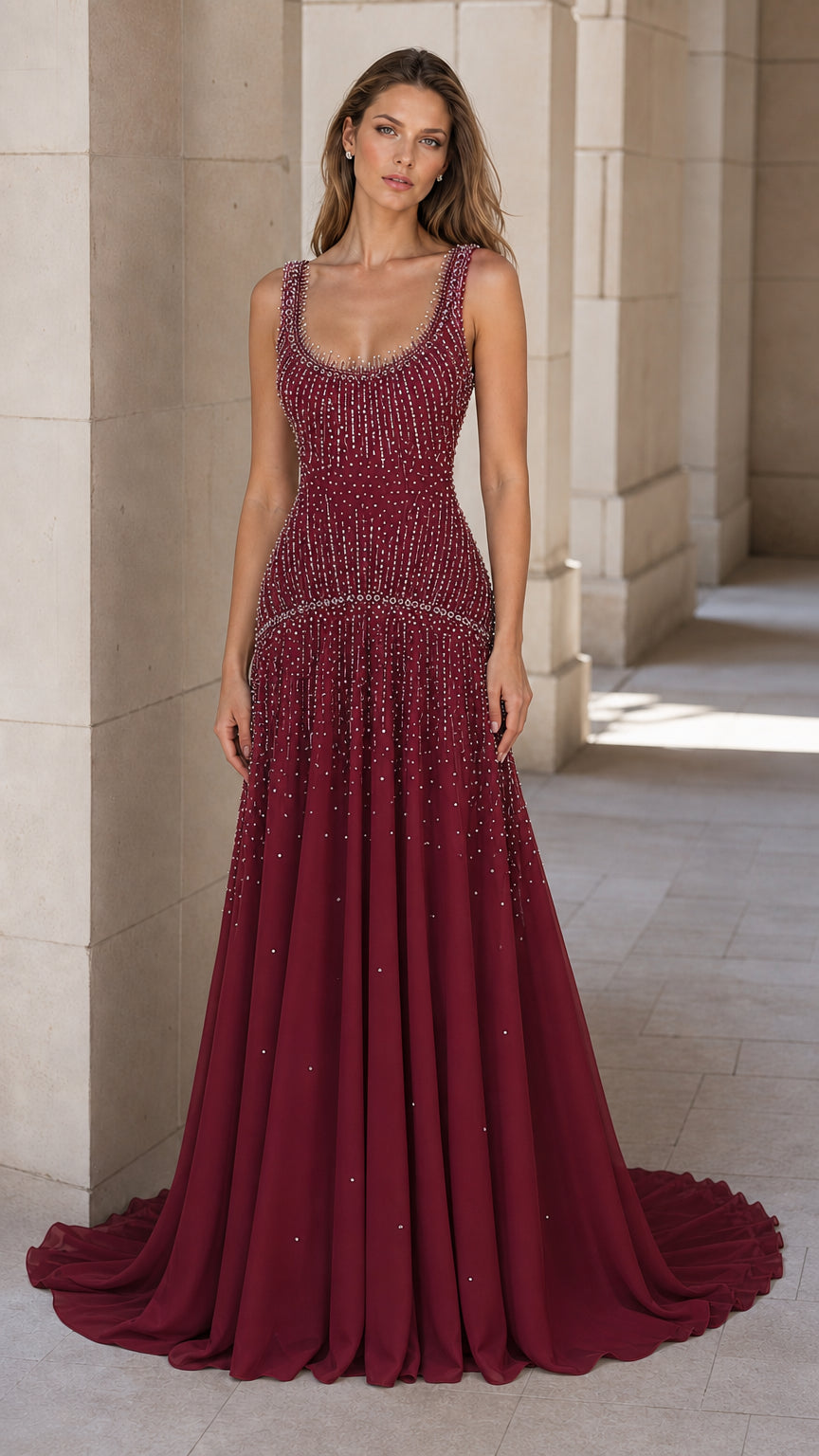 Front view of burgundy beaded evening gown