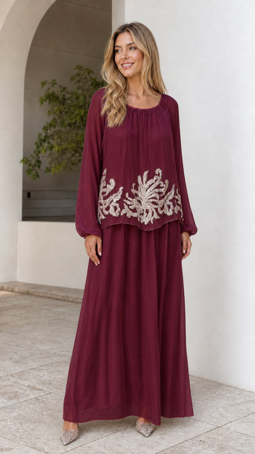 Burgundy wine red embroidered overlay evening gown