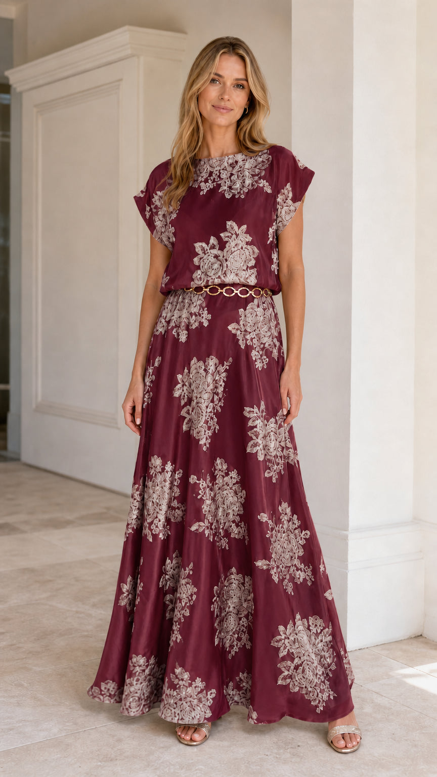 Model wearing Burgundy floral embroidered maxi dress