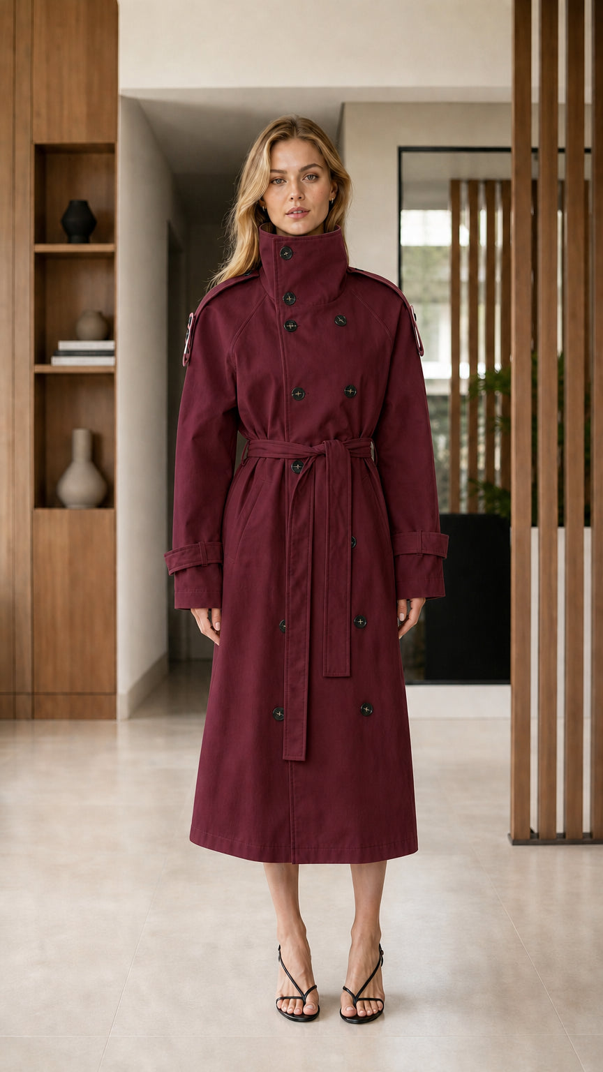 Front full-length view of Burgundy double-breasted high neck belted trench coat