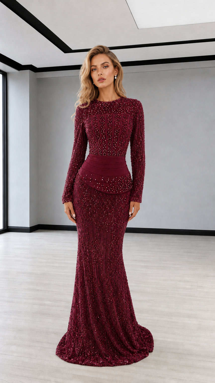 Full front view in burgundy color variant
