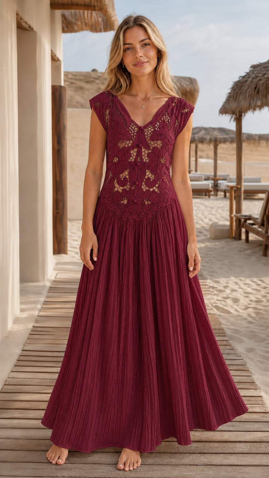 Model wearing burgundy boho crochet lace maxi dress