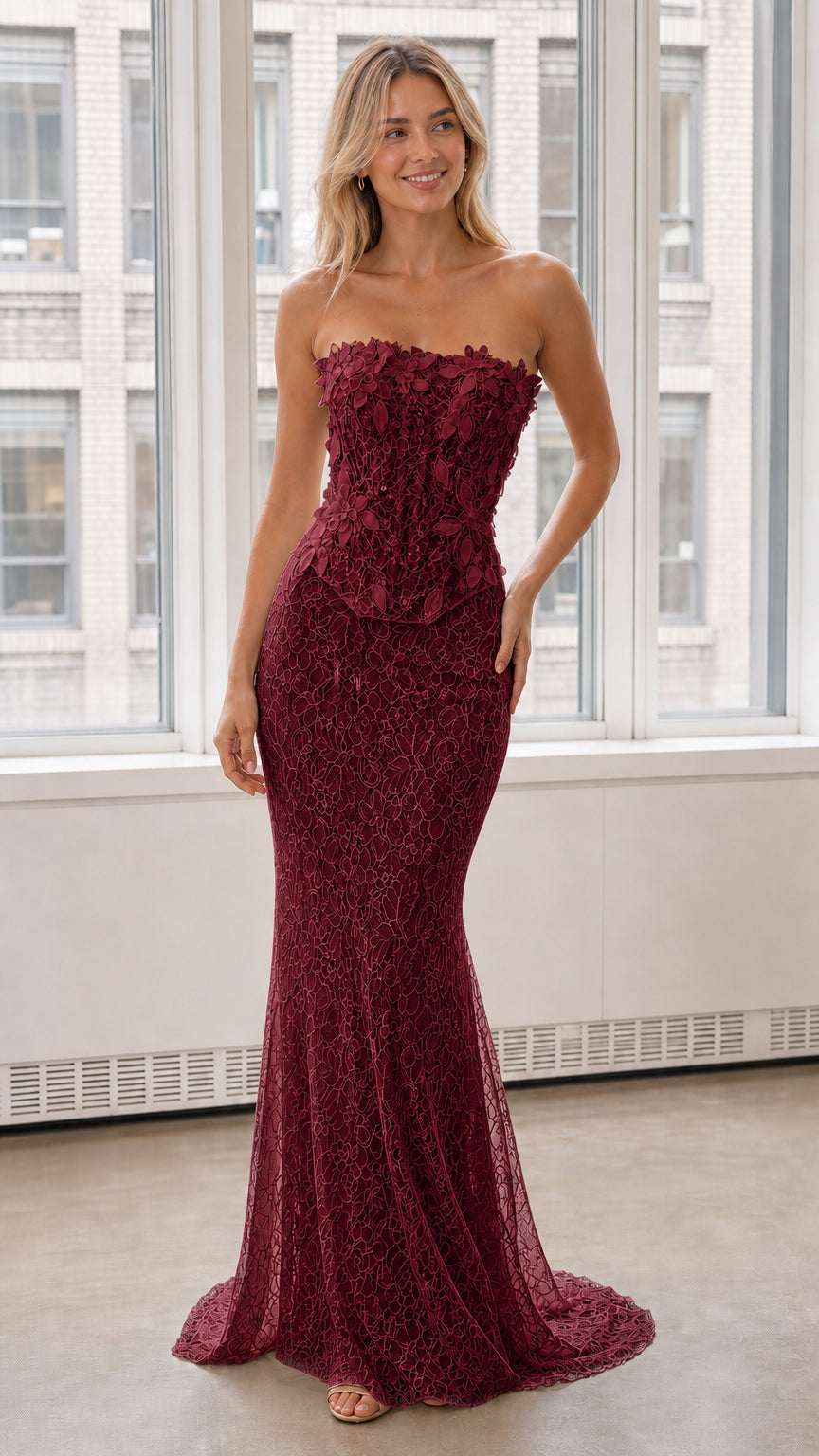 Front view of burgundy strapless 3D floral lace mermaid evening dress