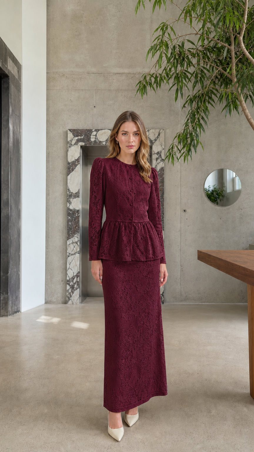 Full length view of model wearing the Burgundy floral lace peplum top and maxi skirt set