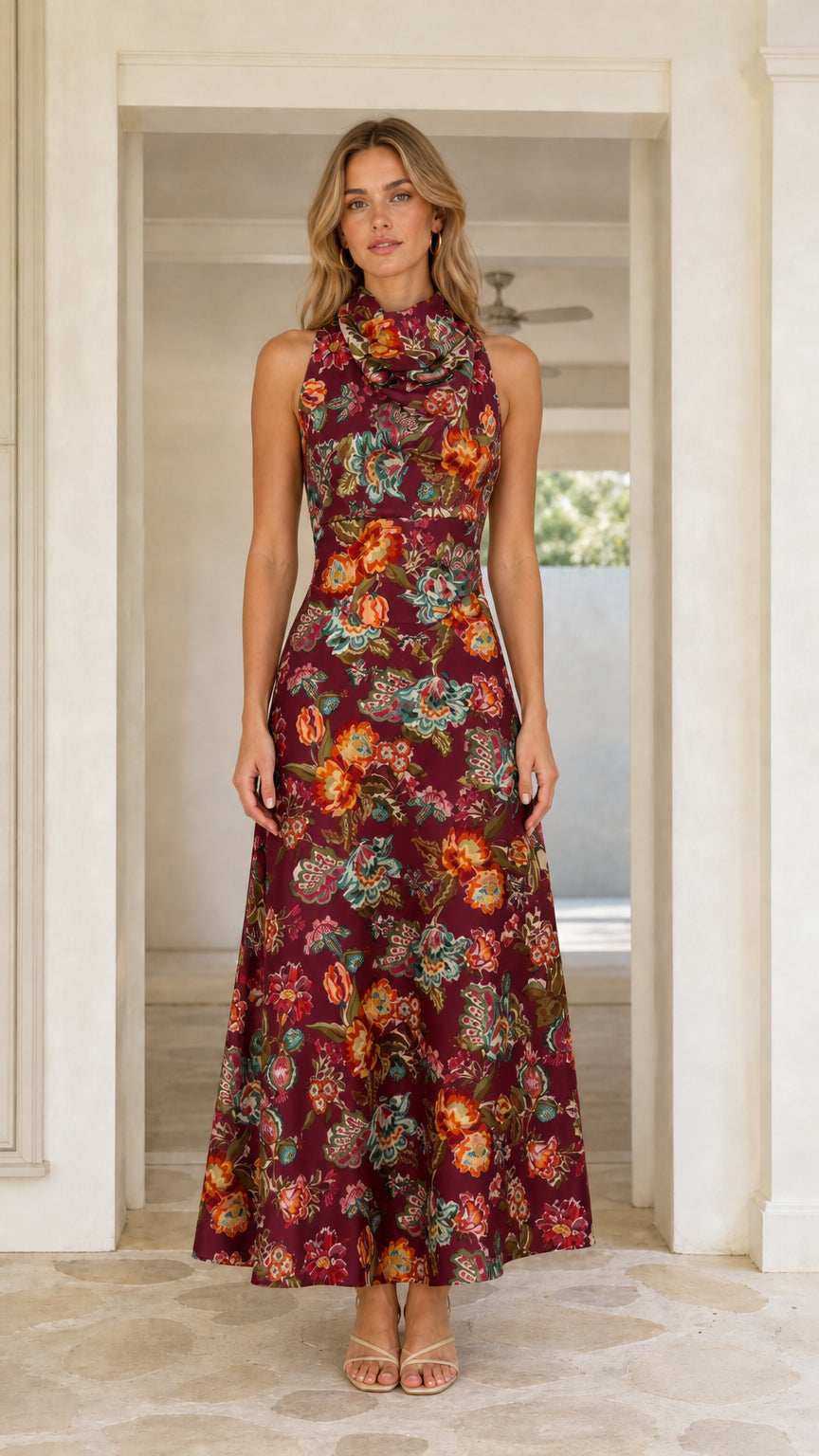 Front view of burgundy floral maxi dress
