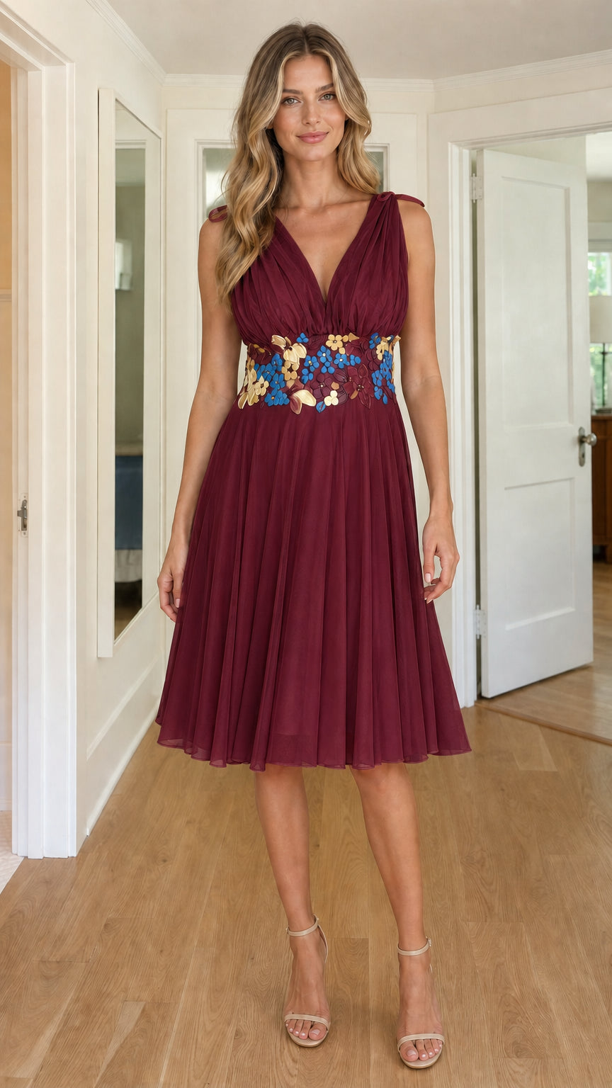 Burgundy wine pleated V-neck cocktail dress with floral appliqué waist