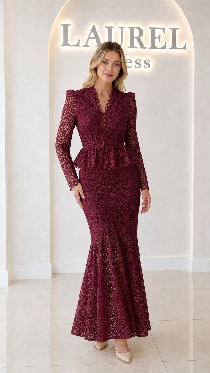 Front view of burgundy wine red floral lace peplum mermaid maxi dress