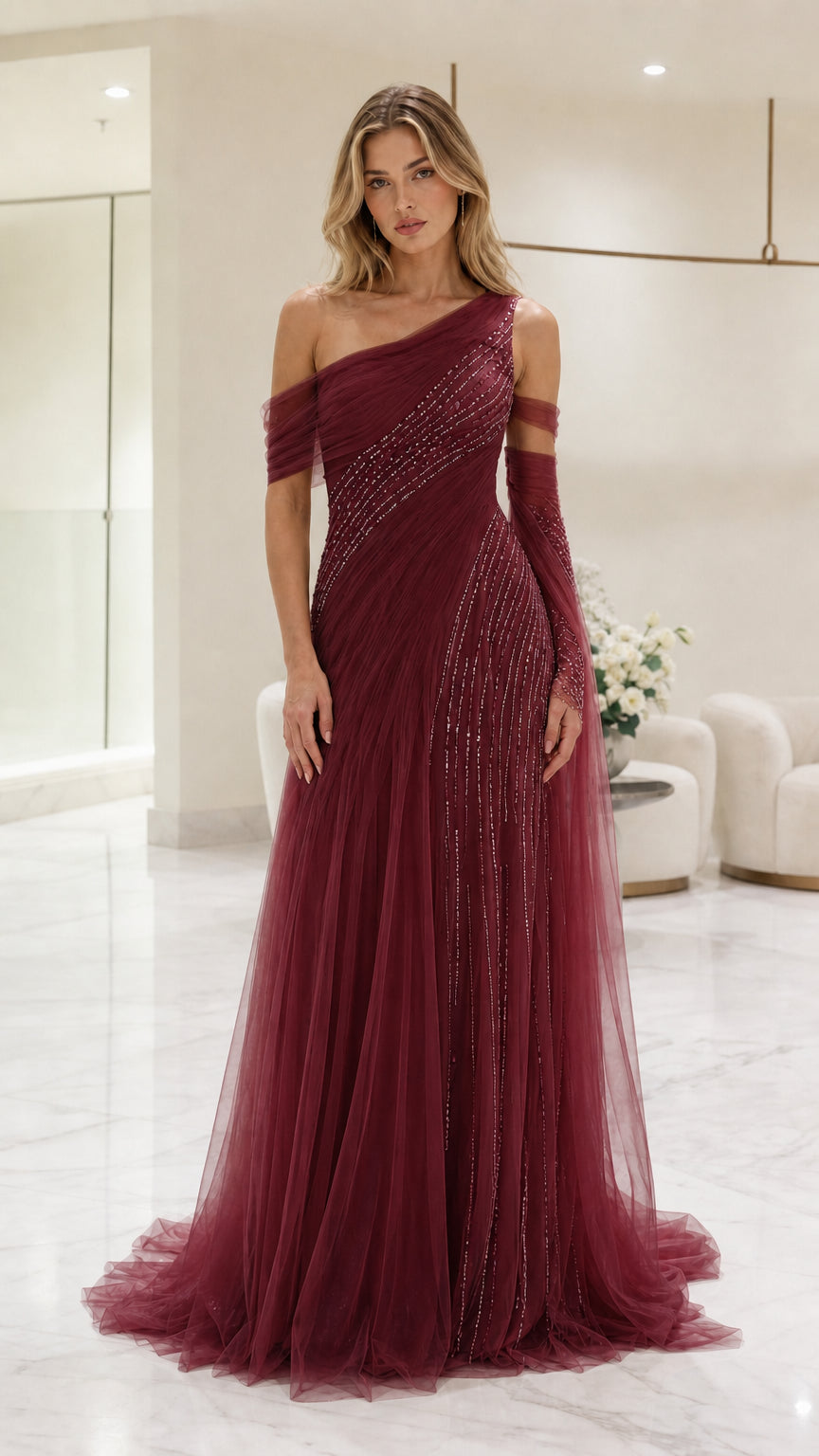 Front view of burgundy one-shoulder evening gown